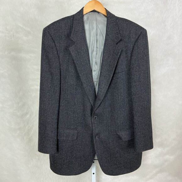 Vintage 80s Burberry Pure Wool Gray Blue Herringbone Tweed Two Button Blazer 44R - Picture 1 of 8